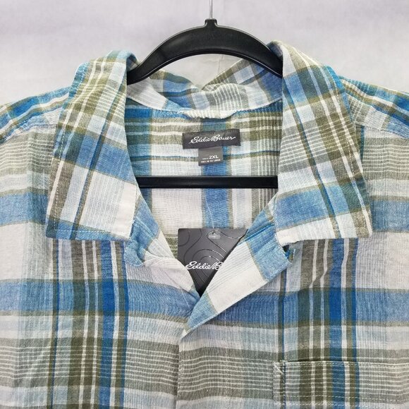 Eddie Bauer Camp Shirt Men's XXL Plaid Short Sleeve Button Up Blue Linen Cotton - Picture 2 of 16